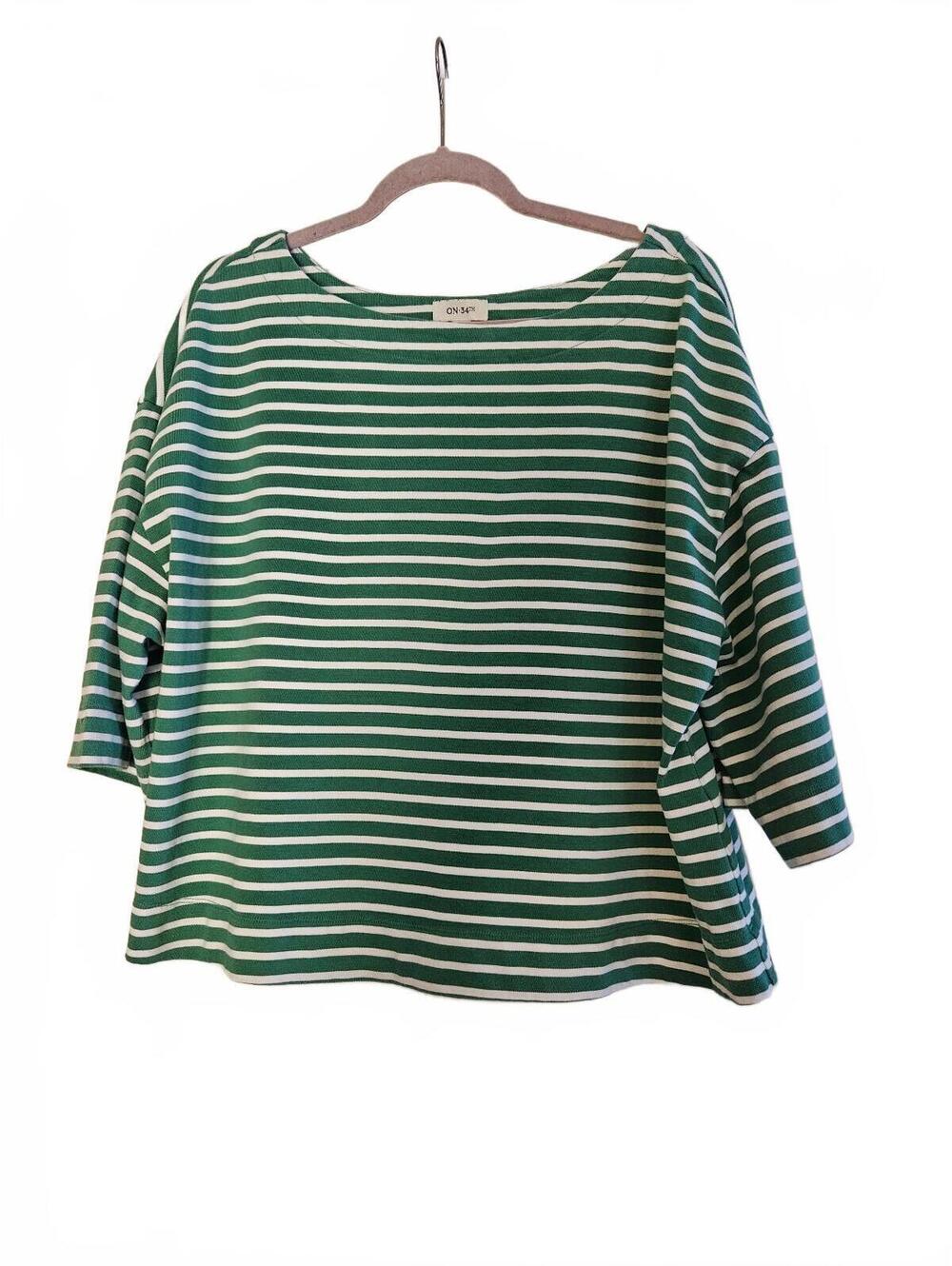 ON:34TH Green and White Striped Cotton Top with 3/4 Length Sleeves-Women's 2X